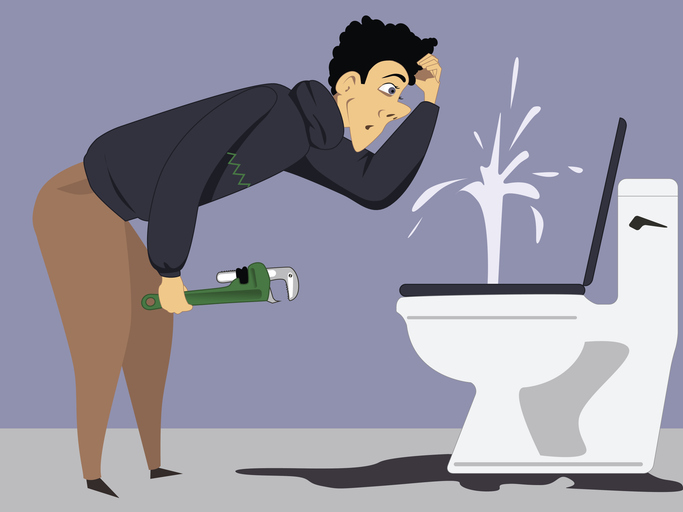 Puzzled cartoon man with a wrench looking at a broken gushing toilet, vector illustration, no transparencies