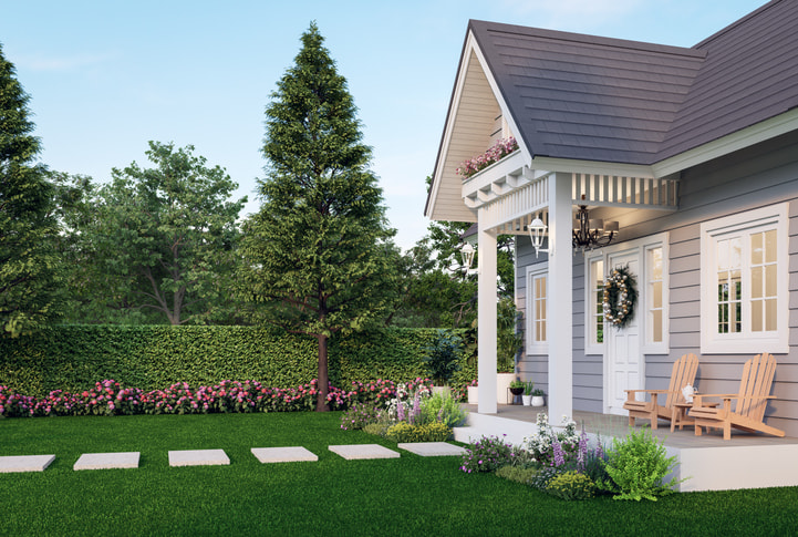 House with a front porch surrounded by backyard with trees and flowers